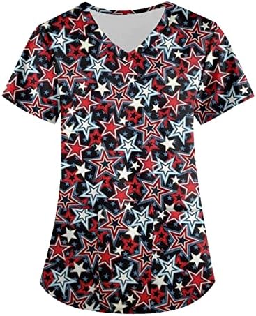 UJAKEL 4. jula majice žene V-izrez kratki rukavi labavi medicinski štampani Stretch Tee bluze