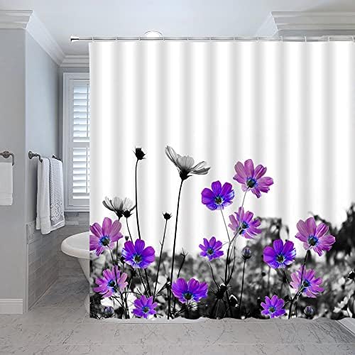 Ljubičasta cvjetna tuš zavjesa Daisy siva cvijeta cvjeta cvjeta rustikalna zemlja prirodni elegantni romantični proljetni vrt žene djevojke jedinstveno botanička poliesterska tkanina kupatilo dekor 70 x 70 inča