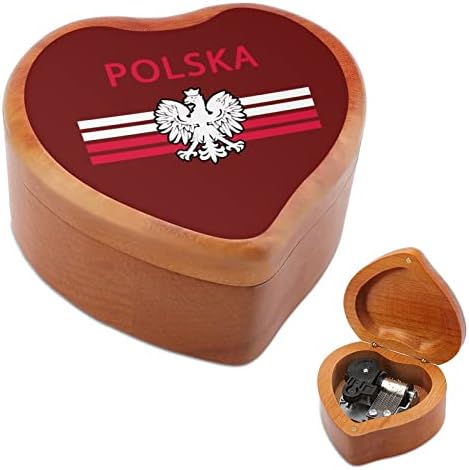 Nudquio Poljska zastava - Polska Eagle Srce Oblik srca Drvena glazbena kutija Vintage ClockWork Glazbeni box