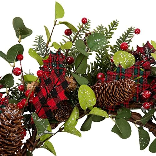 20-inčni božićni vijenac zimski vijenac za uredbene božićne ukrase Wood listove vijence sa crnim i crvenim bivolom provjerite božićne ukrase odmora bobice i borove grane borove konus