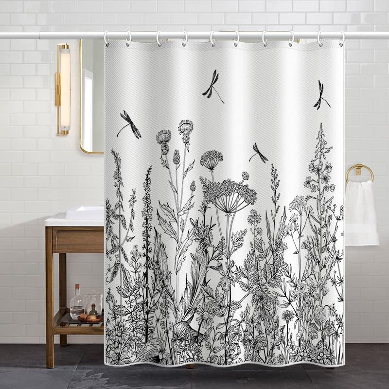 DidoodAh Boho crno-bijele tuširane zastolje za kupaonicu - tkanina obloga cvjetni i biljni listovi za dekor