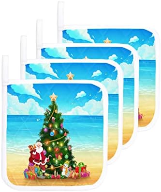 Držači lonaca set od 4, Božićna obala Santa Claus Pothilder za kuhinjske toplotne jastučiće, Xmas Tree na plaži
