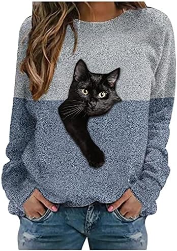 Crna mačka štampane duge rukave košulje za žene grafički Tees okrugli vrat Duks Casual bluza pulover