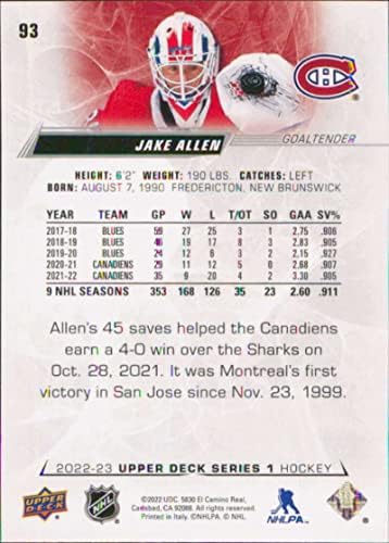 2022-23 Gornja paluba 93 Jake Allen Montreal Canadiens Series 1 NHL hokejaška trgovačka kartica