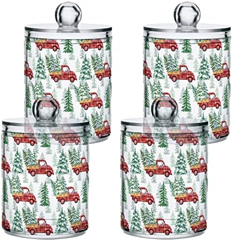 Alaza 4 Pack Qtip Holder Dispenser Red Buffalo Kamion sa božićnim drvvom Kupatilo Kanisterima za pamučne kuglice / bris / jastučići / nit, plastične apoteke za ispraznost
