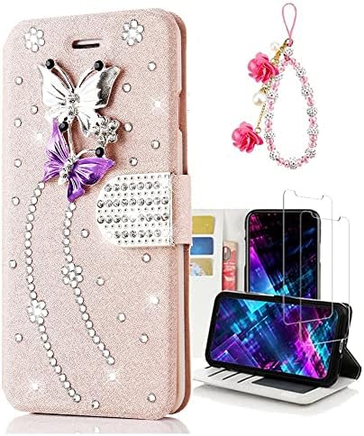 Fairy Art Crystal Wallet futrola za telefon kompatibilna sa Samsung Galaxy S23 - Butterfly - Pink-3d ručno rađena svjetlucava Bling kožna navlaka sa zaštitom ekrana & Perla za telefon