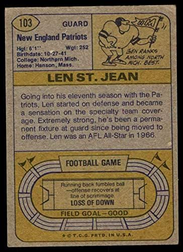 1974 TOPPS # 103 One Len St. Jean New England Patriots VG Patriots Sjeverni Michigan