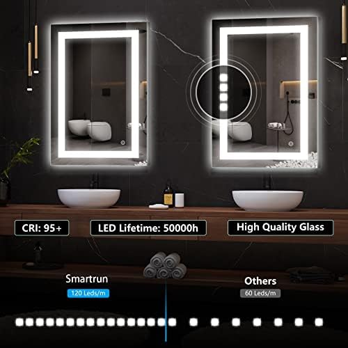smartrun 24x36 inča Led ogledalo za kupatilo sa svetlima, zidna ogledala sa visokim lumenom bez zatamnjivanja
