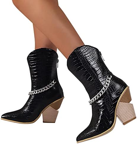 HCJKDU Ženske srednje gležnjače modne patentne kožne čizme Chunky High-Heels istaknute jedini široke cipele za