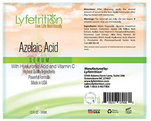 Lyfetrition Serum Azelainske kiseline sa hijaluronskom kiselinom / prirodni Serum za lice sa vitaminom C