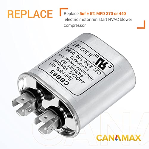 Canamax Premium 5uF mfd ±5% 370-440vac Ovalni početni kondenzator-tačno pogodan za rad AC motora ili pokretanje ventilatora i klima uređaj sa hladnom ili toplotnom pumpom - zamjenjuje 97f5705 Z97F5705 97F95702 Z97F5702
