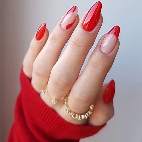 Crvena presa na noktima lažni nokti u obliku badema lažni nokti srednje dužine lažni nokti francuski vrh akrilni nokti puni poklopac sjajni štap na noktima praznična presa na noktima za žene i djevojke Valentine dekoracija noktiju