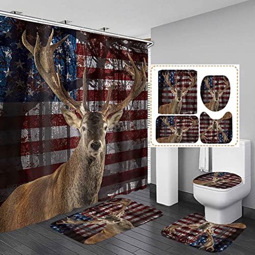 Skailié 4pcs jelen set za tuširanje, američka zastava Patriotski Elk Moose Woodland Huning Lov Lodge Cabin Država Rustikalna seoska kuća Dekor kupaonice, vodootporna zastava za tuširanje, neklizaja