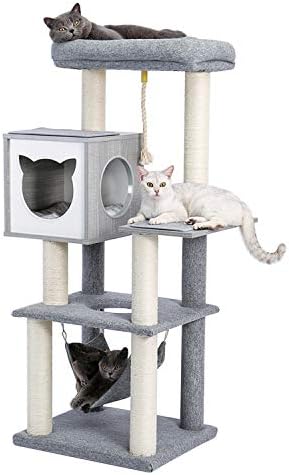 Mačje Drvo 52 inča za zatvorene mačke sa stubovima za grebanje Penjačka rupa na više nivoa moderna drvena kula za mačke sa Visećom mrežom i stubovima za grebanje i mačji stan za odrasle mačke siva