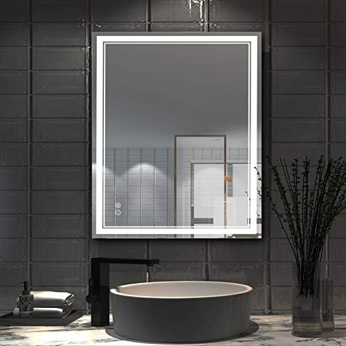OKPAL 32 x 24 inča LED ogledalo za kupatilo sa svetlima, veliki zidni zid protiv magle zatamnjen ogledalo sa osvetljenjem za šminkanje, Belo/neutralno/toplo svetlo, Prekidač za dodir memorije, horizontalno ili vertikalno