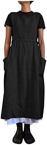 Haljina za ženske djevojke Vintage Pleated džepovi pregače za vrtlarstvo Djevice pamuk Ukupna haljina s pomičenim