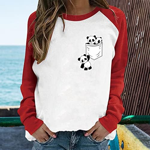PANDA pulover za žene dugih rukava Blok u boji Panda Print majice Slatka posadna majica Casual Jumper Bluza