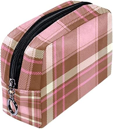 Mala torba za šminku, patika za patipu Travel Kozmetički organizator za žene i djevojke, Brown Light Pinkvintage Tartan plairani ček