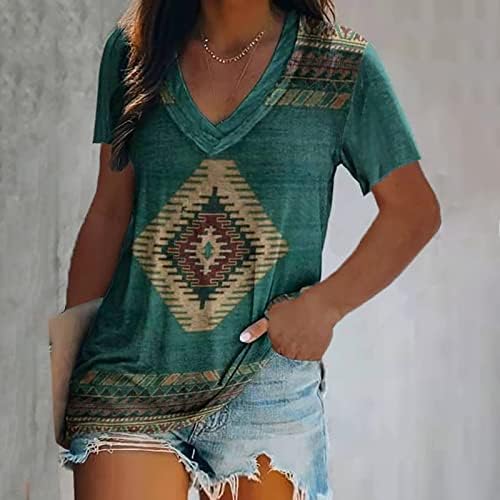 Ženska vintage etnička stil majica kratki rukav V-izrez casual majica Ljetni tiskani tunički bluza