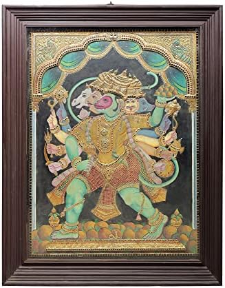 Egzotična Indija 43 x 55 Panchamukhi Hanuman Tanjore slika / tradicionalne boje sa 24k zlatom