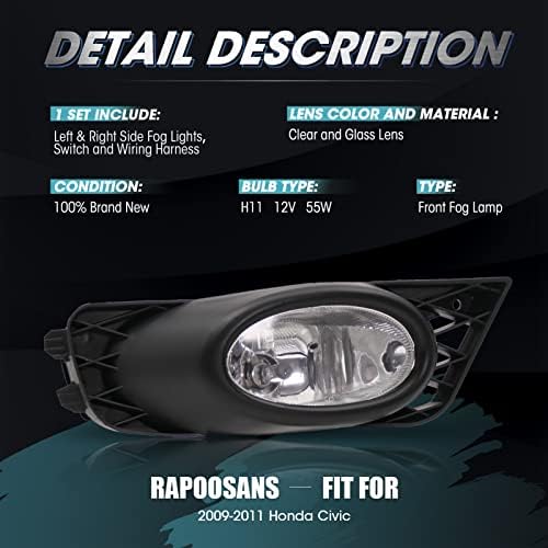 RAPOOSANS svjetla za maglu lampe komplet za montažu za 2009 2010 2011 Honda Civic Sedan zamjena svjetla za