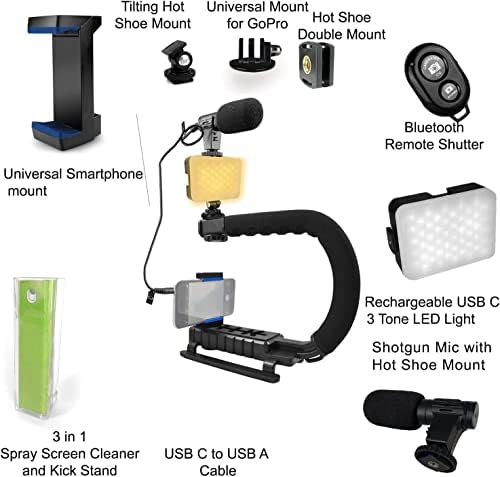 Acuvar video vlogging Kit za iPhone Android & amp; kamere stabilizator LED svjetlo, mikrofon, držač telefona, nosač za GoPro, Bluetooth Remote & stalak za čišćenje ekrana za live Stream YouTube Instagram TikTok