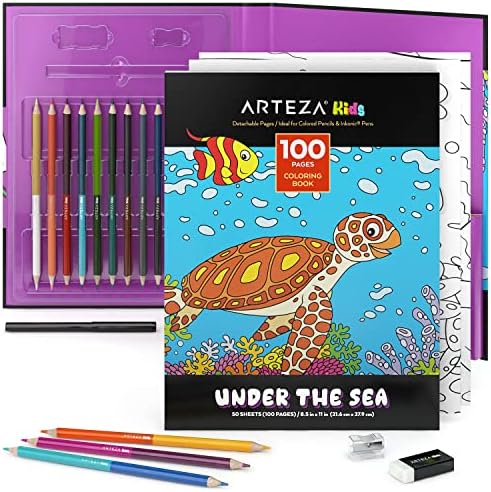 ARTEZA Kids bojanje knjiga i olovke, 8,5x11 inča, morske ilustracije bića, 50 dvostranih bočnih listova, papir od 100 lb, 12 dvostrukih olovaka obojenih u 24 boje, umjetničko dobara za djecu