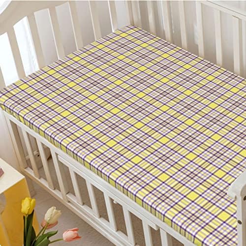Tartanski tematski plahte, prenosivi mini listovi krevetića ultra mekani madrac madrac sa krevetom ili kreveta za delič, 24 x38, pastelna žuta i ljubičica
