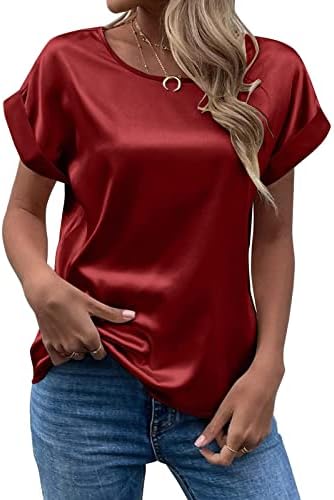 Ženske bluze i vrhovi elegantni čvrsti okrugli vrat valjani kratki rukav satenska svilena bluza vrhovi majice