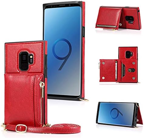 Kihuwey Galaxy S9 Case Crossbody Lanyard patent patent zatvarač sa držačem za kreditne kartice i remen za zglobove, zaštitni poklopac torbice za Samsung Galaxy S9 crvena