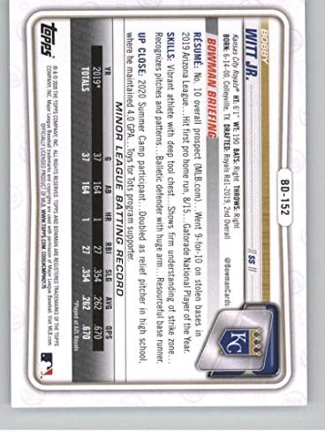 2020 Bowman nacrt papira # BD-152 Bobby Witt Jr. Kansas City Royals Službena MLB bejzbol trgovačka kartica iz kompanije TOPPS u sirovom stanju