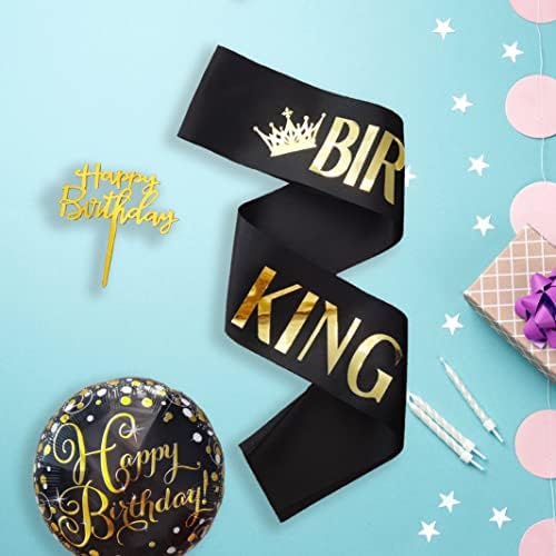 Haprty Rođendan King Sash, 3 pakovanje Crni rođendanski krila i zlatni kolač Topper Baloni za muškarce Rođendanska