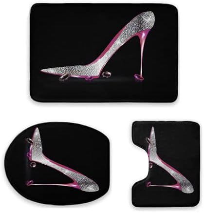 Flanel kupatilo tepih mat 24x36inch Sliver Pink dijamant Girly cipele kreativni dizajn Moda visoke potpetice na crnoj pozadini 3 komada kupatilo mat tepih WC poklopac sa neklizajuće mat WSY