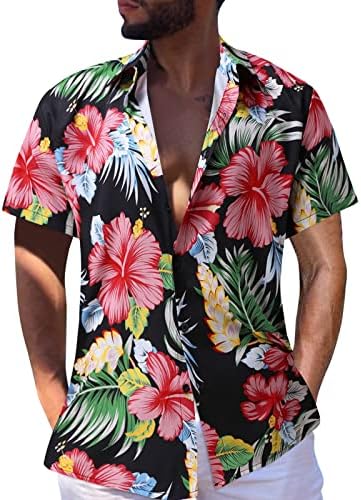 Beuu Muške havajske majice, ljetni kratki rukav tropski cvjetni gumb za ispis prema dolje opušteno fit rever plaža