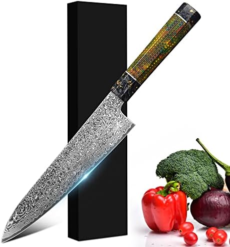 CULITECH kuharski nož, Damask čelik 8 inča japanski profesionalni kuharski nož, ergonomska i udobna ručka od smole sa dizajnom saća, kuhinjski nož za dom ili restoran