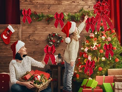 Lakiyfye Božićni lukovi Deckor paket od 6, crveni lukovi za božićno drvce crvene velvetske tkanine lukovi se