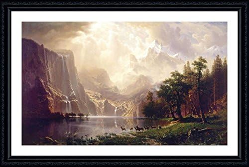 Alonline Art - Među planinama Sijera Nevada Albert Bierstadt | Crna uokvirena slika tiskana na pamučnom platnu, pričvršćenu na ploču od pjene | Spremni za objesiti okvir | 29 x19 | Umetničko delo