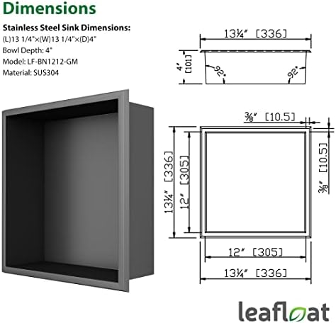 Leafloat crna nano kupatila niša od nehrđajućeg čelika, 12 x12 x4 , sloj natpisu, ugradni, 18