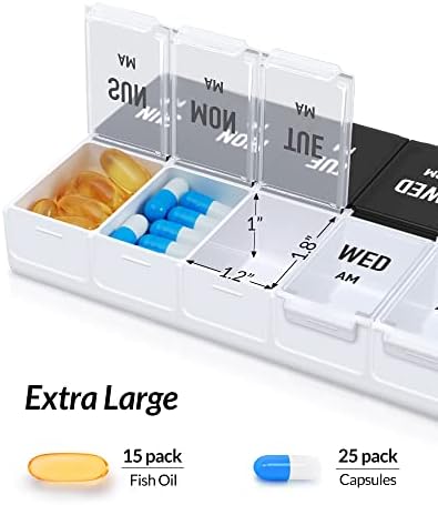 Zikee XL Organizator pilula 2 puta dnevno, kutija za pilule AM PM sa crno-bijelim dizajnom