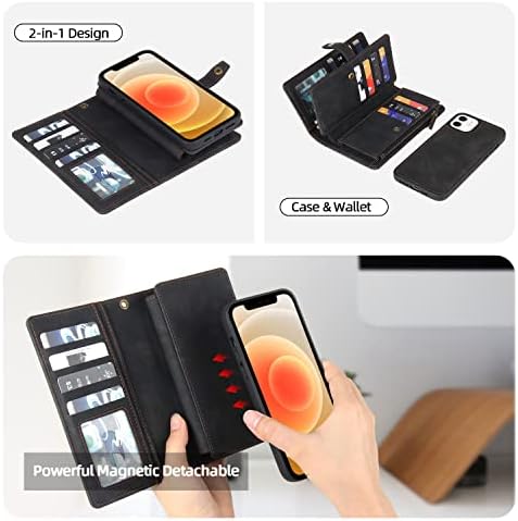 TwoHead za iPhone 12/iPhone 12 Pro novčanik slučaj sa držačem kartice & odvojiva magnetna torbica