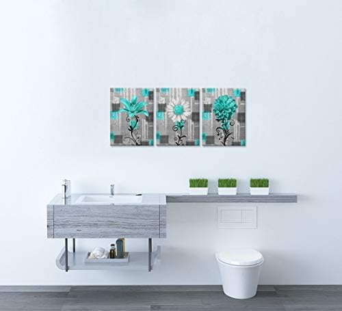 Zlove 3 komada Rustikalna kupaonica cvijet zid Art Daisy Lily Dahlia Teal geometrijski cvjetni