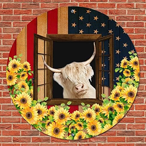 Okrugla metalna limena potpisana u SAD zastavi smiješna farma krava u prozorima suncokreta ukrasna vrata Naslovnica