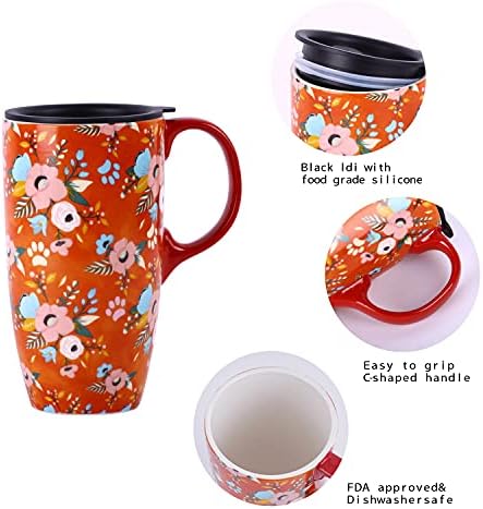 TopAdorn keramički šalica za kafu poklon poklon sa poklopcem 17oz, porculan visoki čaj čaja s ručkom za dom i ured, narančasti cvjetni umjetnički uzorak, 6,5''h