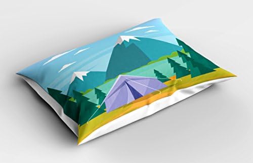 Lunable Kamp Jastuk, crtana rekreativna aktivnost sa planinama Jezero i drveće Dizajn Traveling Tema, Dekorativna standardna jastučnica Queen Veličina, 30 x 20, višebojna