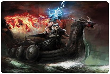 Ambesonne Fantasy World prostirka za kućne ljubimce za hranu i vodu, Thunder Wrath u Viking Thorn brodu koji