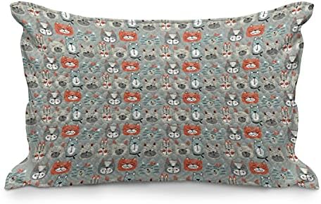 AMBESONNE CARTOON QUILED jastuk, životinje tema ručna nacrtana različita tipa mačka lica izrazi na sivoj pozadini, standardni prikrij jastuk za kurvu veličinu za spavaću sobu, 36 x 20, višebojna