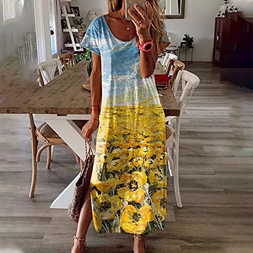 Ženska ljetna Maxi haljina Casual labava slika cvjetno štampane duge haljine kratki rukav Split trendi haljina