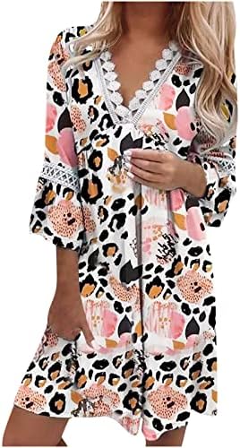 Ženska cvjetna print V izrez čipkaste haljine Ležerne prilike polu-rukave Ljetna tunika haljina s labavim