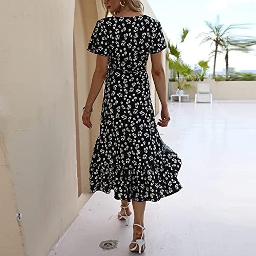 Masbird haljine za žene 2022, žene na plaži cvjetno tiskovina V izrez za rezanje rukava s kratkim rukavima