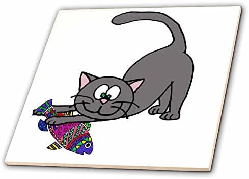 3drose slatka smiješna Plava Siva razigrana mačka mačka čuči sa ribom Crtić-pločice